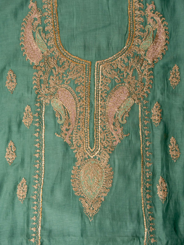 CHANDERI MULMUL TEA GREEN ZARI EMBROIDERY SUIT