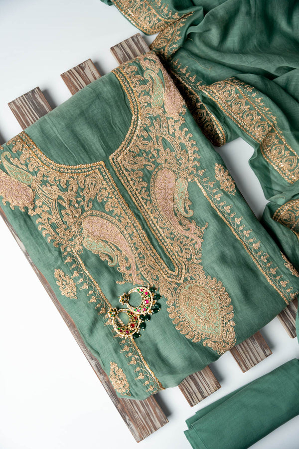 CHANDERI MULMUL TEA GREEN ZARI EMBROIDERY SUIT