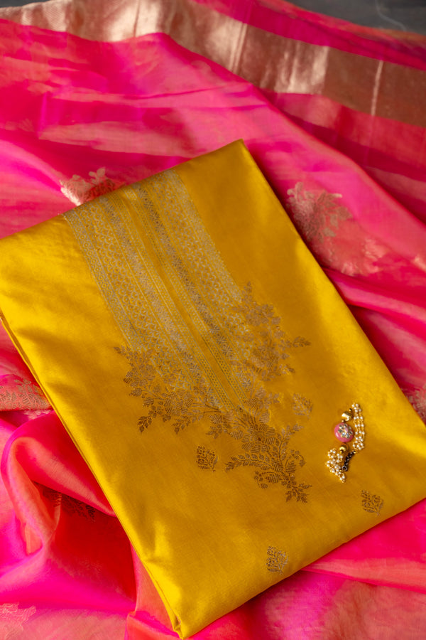 PURE SILK HANDLOOM YELLOW PINK UNSTICHED SUIT