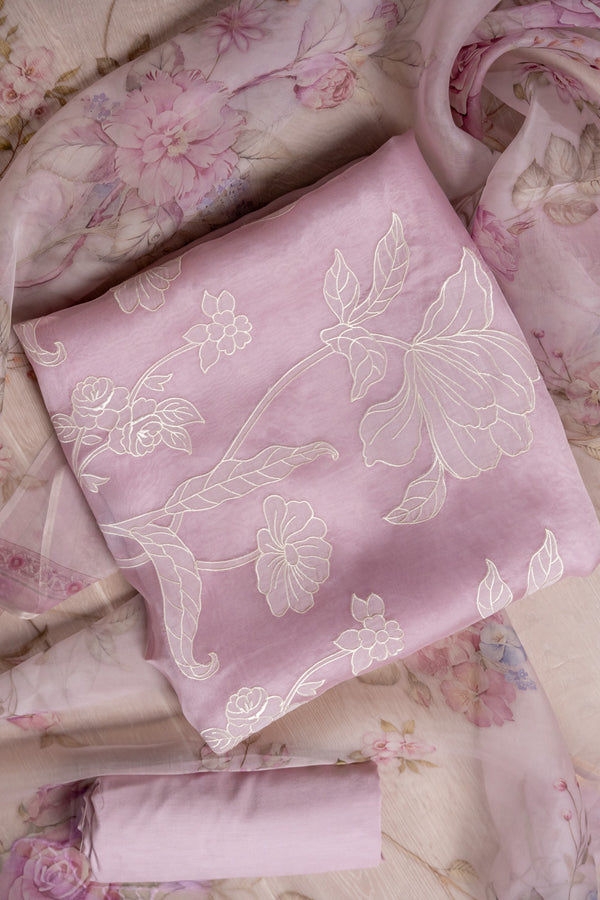 APPLIQUE ORGANZA THREAD WORK UNSTICH SUIT