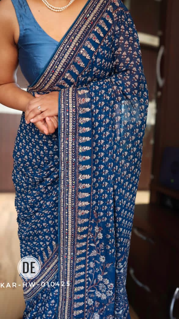 Georgette Printed Hand Work Saree