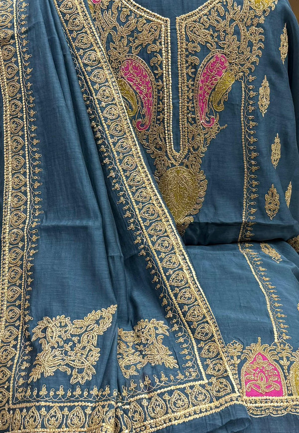 CHANDERI MULMUL ZARI EMBROIDERY SUIT
