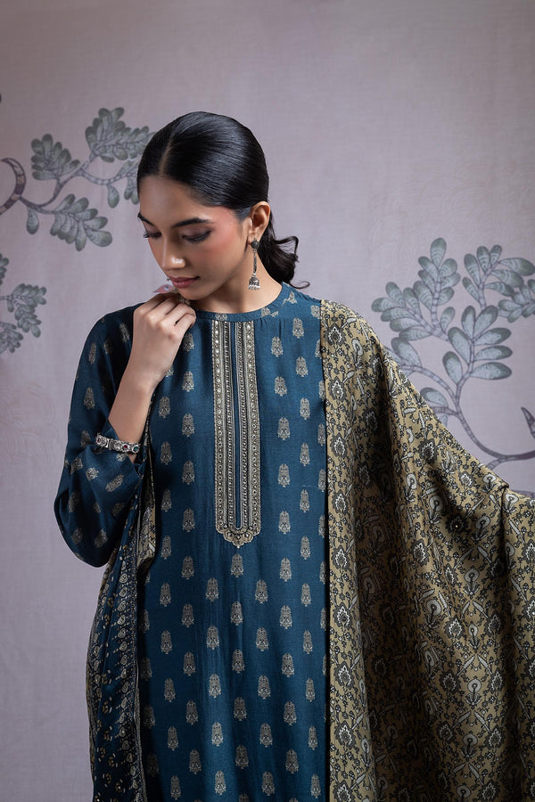 SILK PRINTED BLUE SUIT SET