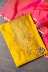 PURE SILK HANDLOOM YELLOW PINK UNSTICHED SUIT
