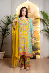MULTICOLORED FLORAL HAND EMBROIDERY KURTI SET