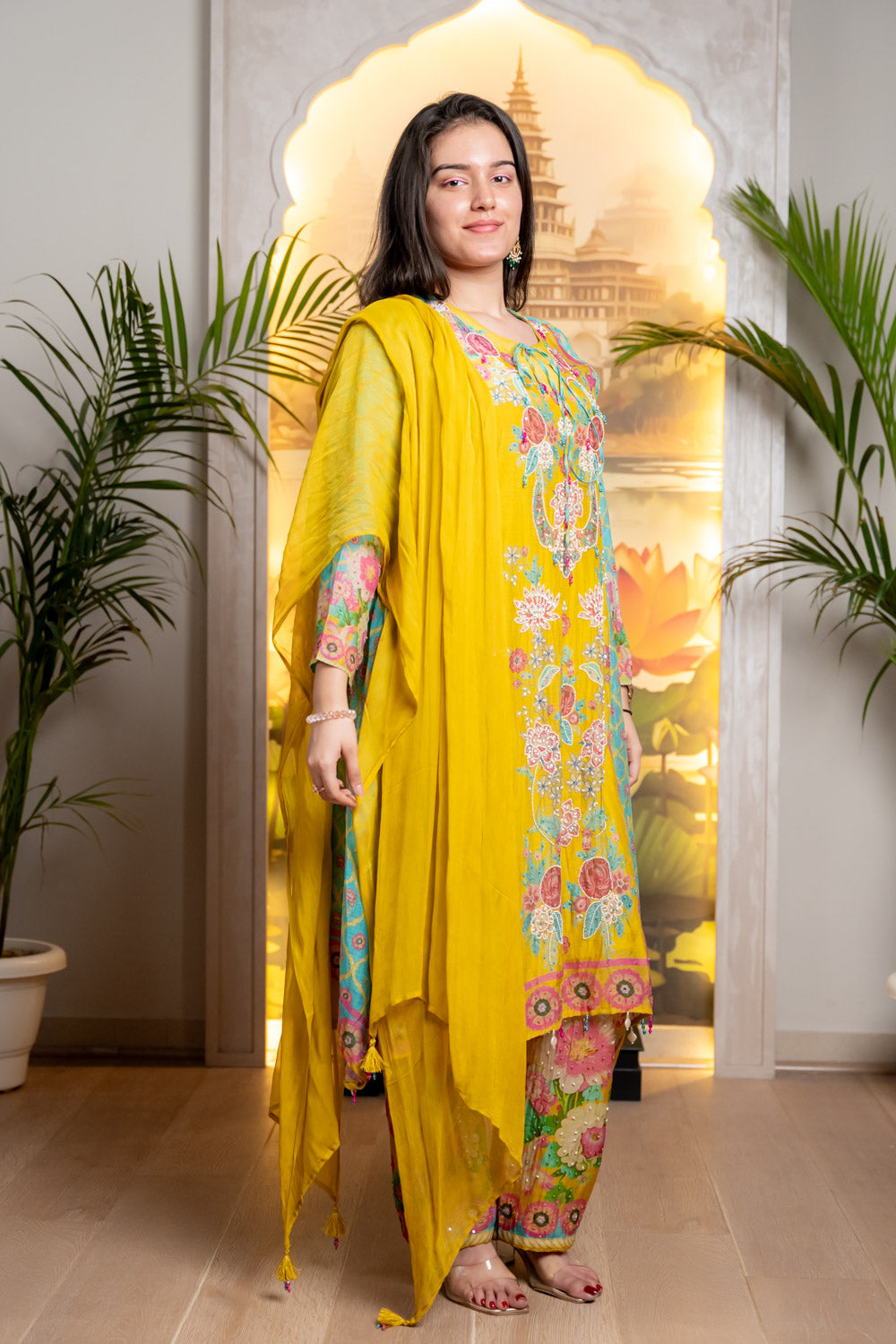 MULTICOLORED FLORAL HAND EMBROIDERY KURTI SET