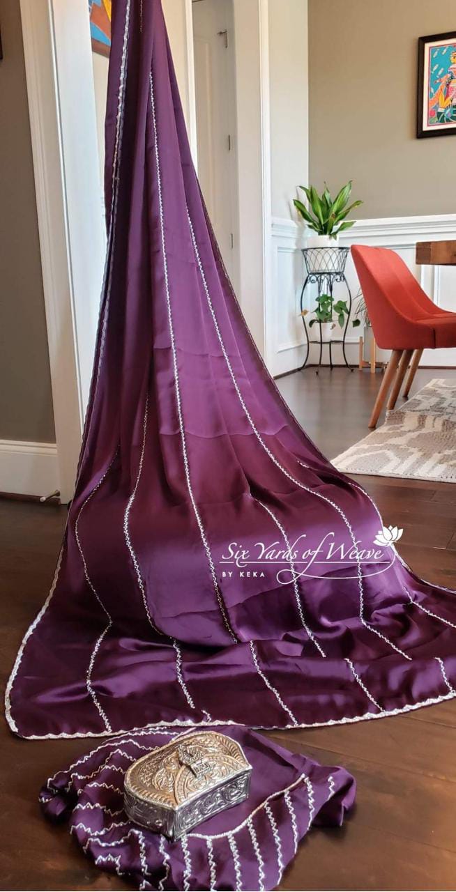 Hand Work Pearl Satin purple Saree