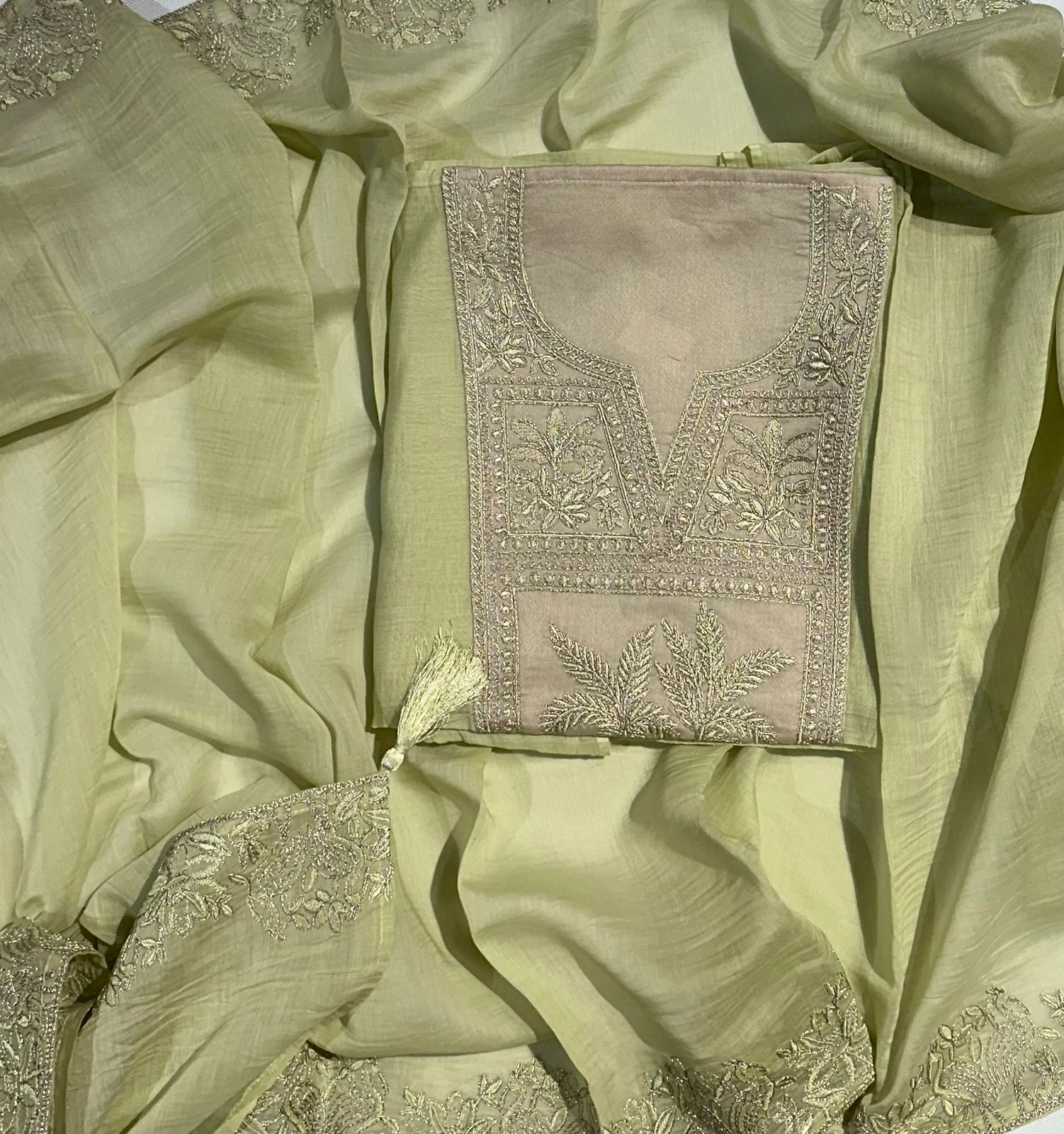 Mulmul Chanderi Zari Embroidery Neck Suit Set