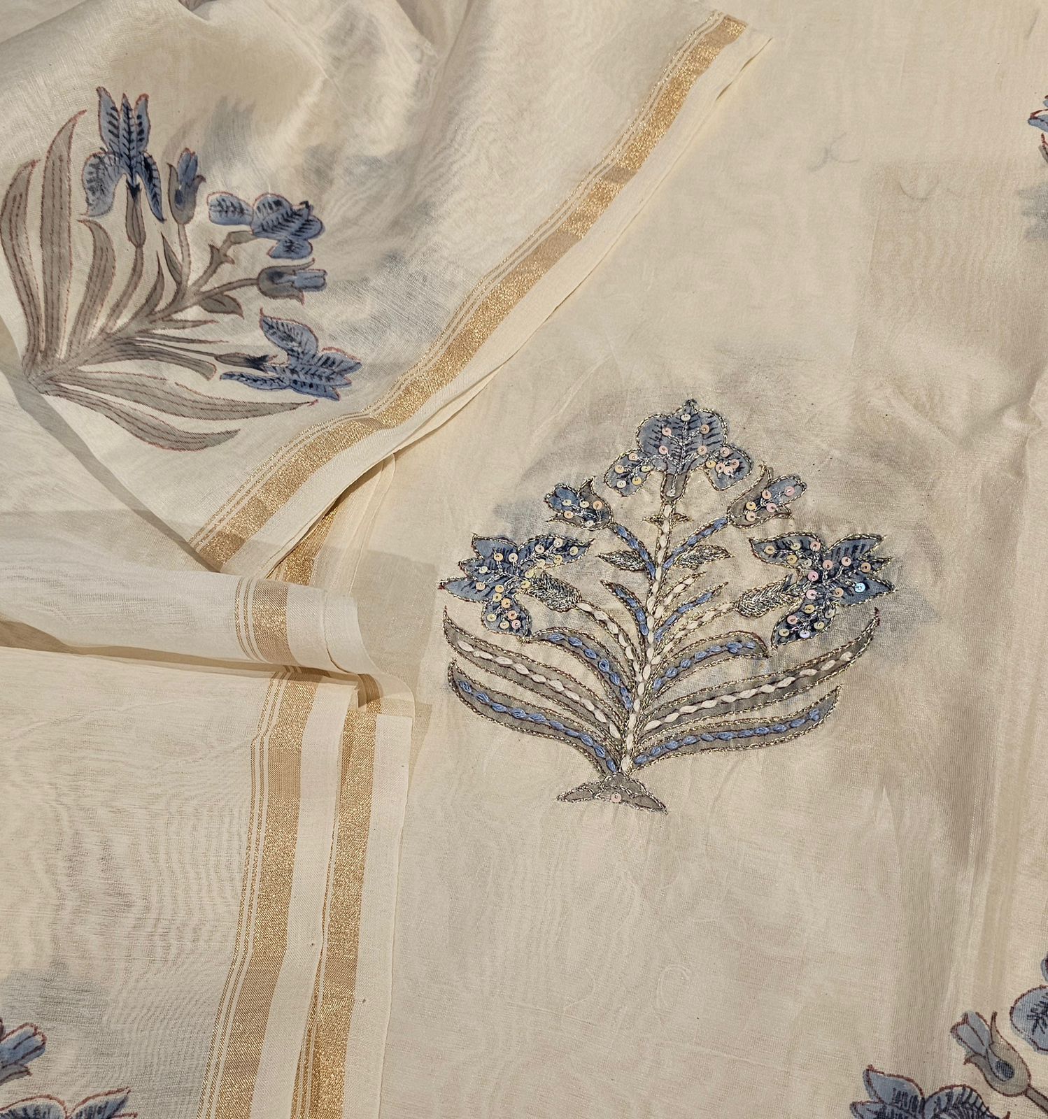 Chanderi Hand Block Hand Work Suit Set