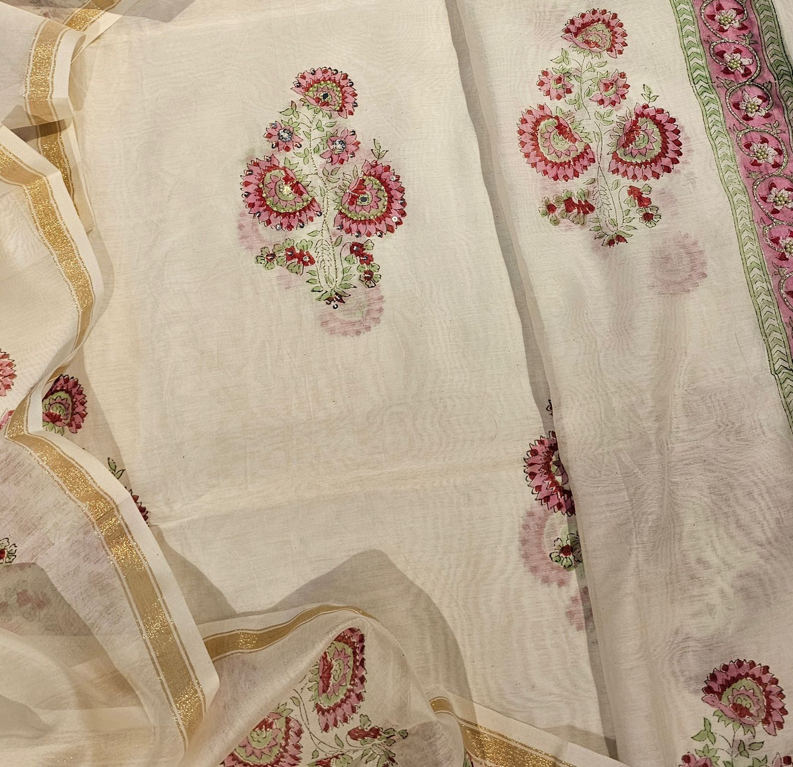 Chanderi Hand Block Hand Work Suit Set