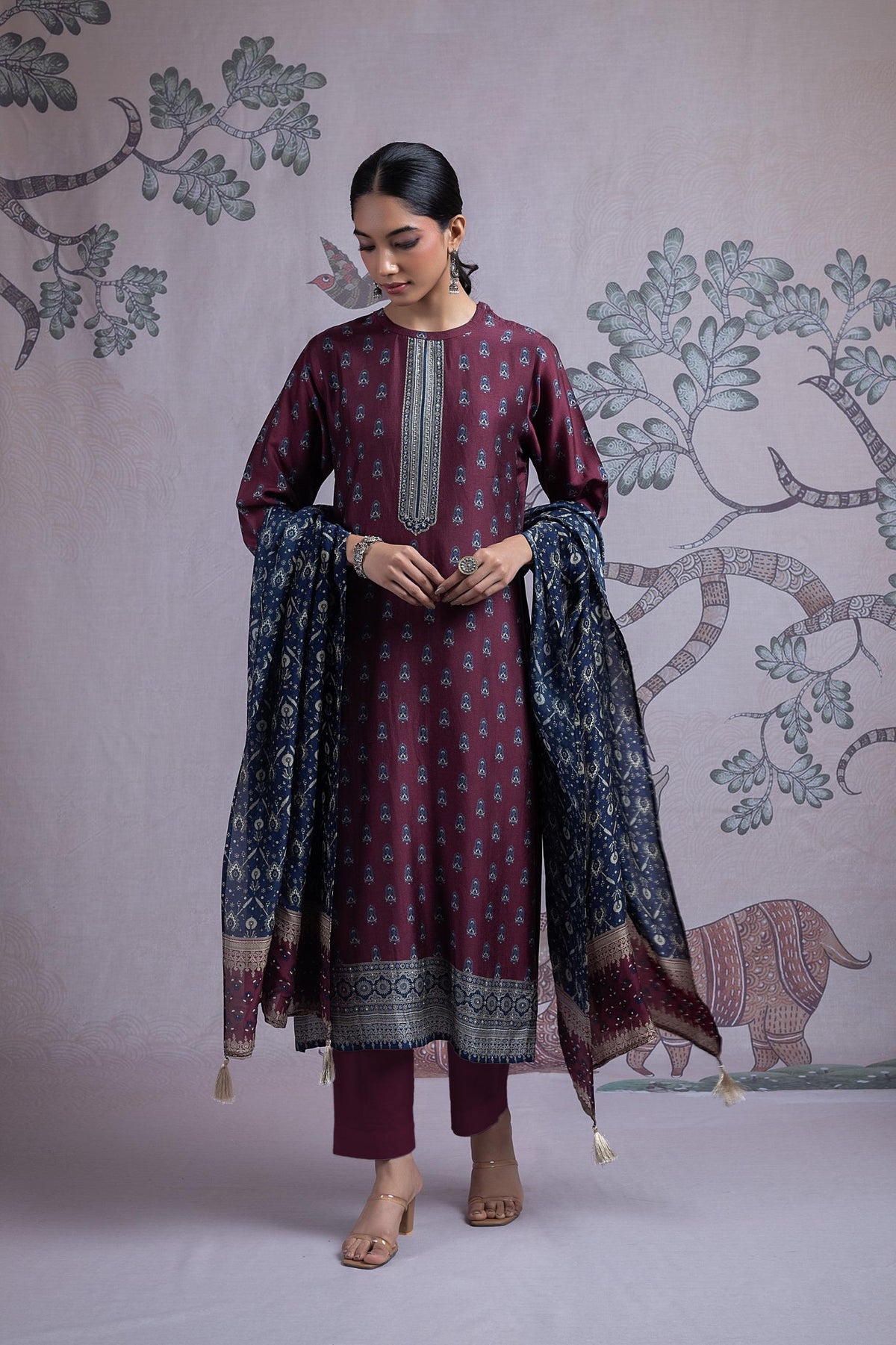 SILK PRINTED EMBROIDERY MAROON SUIT