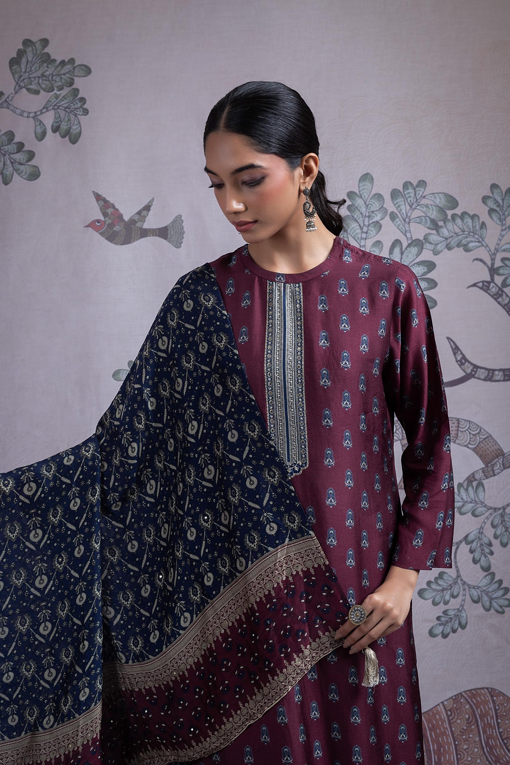 SILK PRINTED EMBROIDERY MAROON SUIT